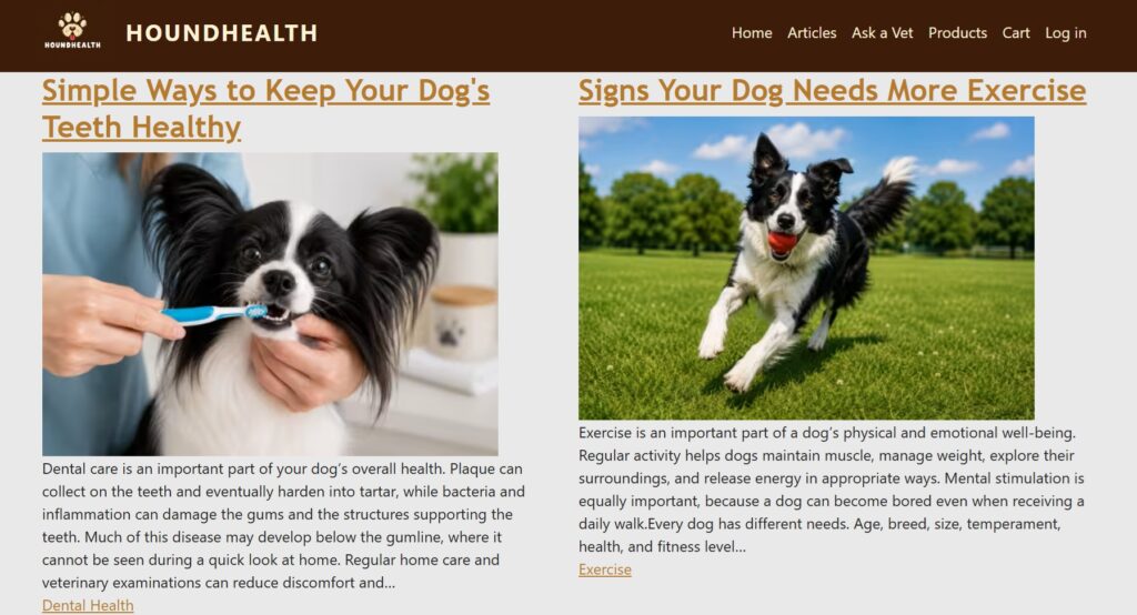 HoundHealth Articles page showing two article cards in a responsive two-column Drupal Views layout