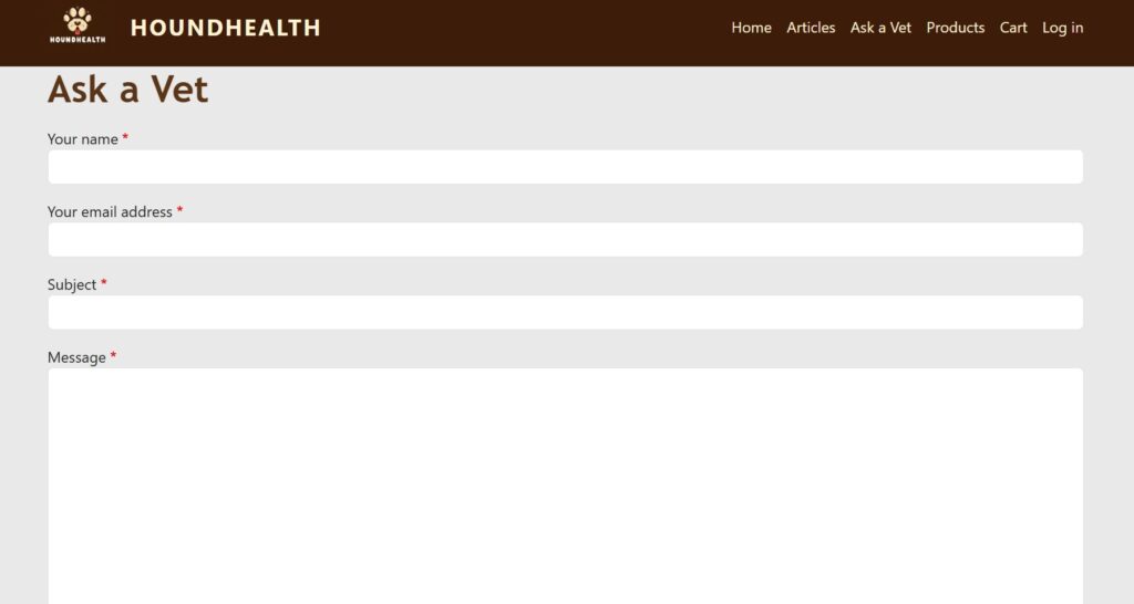 HoundHealth Ask a Vet contact form with name, email, subject, and message fields