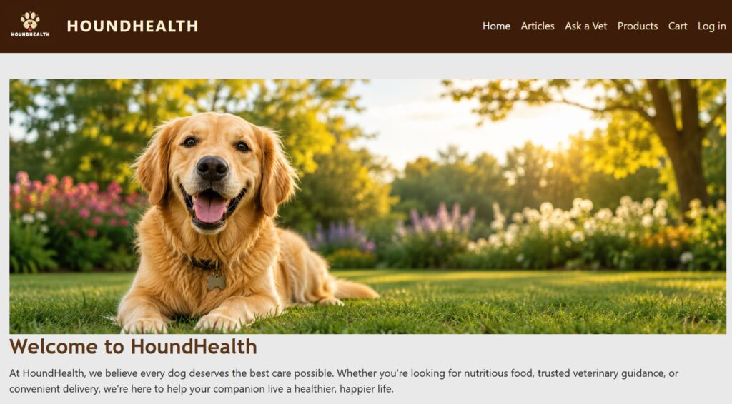 HoundHealth Drupal website homepage showing branded navigation, hero image, and welcome section