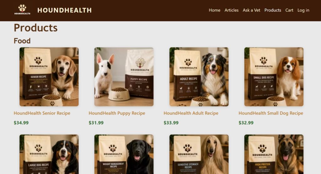 HoundHealth Drupal product catalog showing food, treats, and grooming products with images and prices